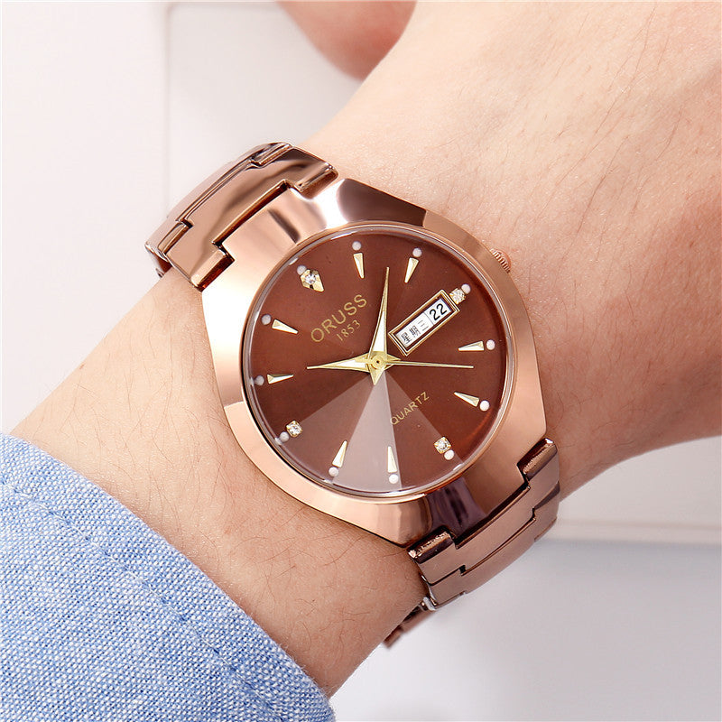 Tungsten Steel Color Waterproof Fashion Student Couple Calendar Quartz Watch