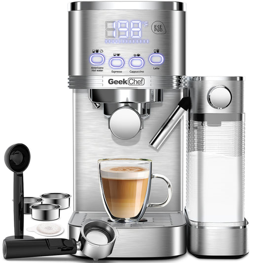 Geek Chef Espresso And Cappuccino Machine With Automatic Milk Frother,20Bar Espresso Maker For Home, For Cappuccino Or Latte with ESE POD Filter, Stainless Steel, Gift For Coffee Lover