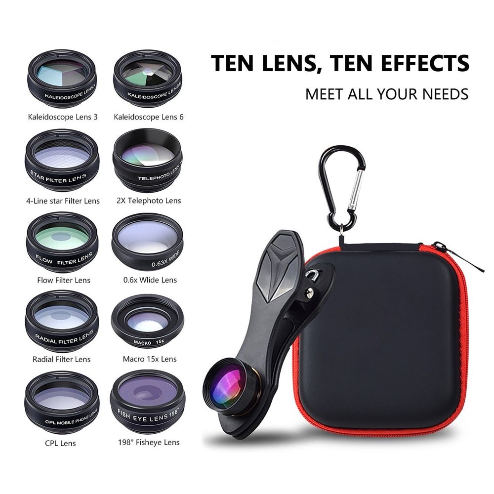 APEXEL Phone Lens Kit Universal 10 In 1 Fisheye Wide Angle Macro Lens CPL Filter Kaleidoscope 2X Telescope Lens For Smartphone