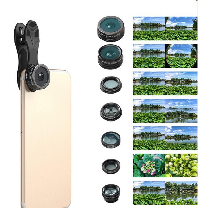 APEXEL Phone Lens Kit Universal 10 In 1 Fisheye Wide Angle Macro Lens CPL Filter Kaleidoscope 2X Telescope Lens For Smartphone