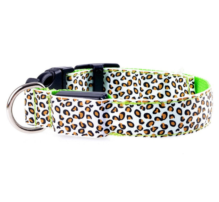 LED Dog Collar Safety Adjustable Nylon Leopard Pet Collar