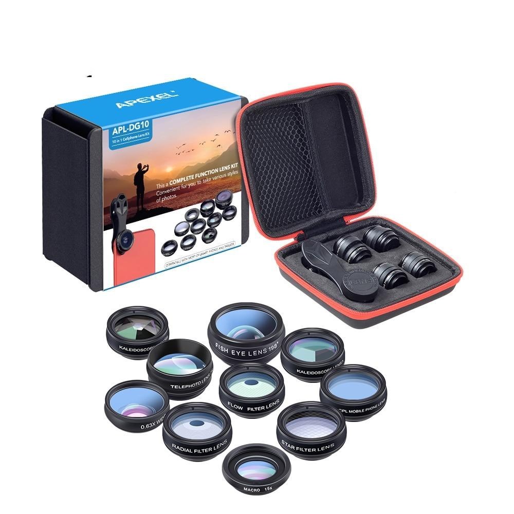 APEXEL Phone Lens Kit Universal 10 In 1 Fisheye Wide Angle Macro Lens CPL Filter Kaleidoscope 2X Telescope Lens For Smartphone