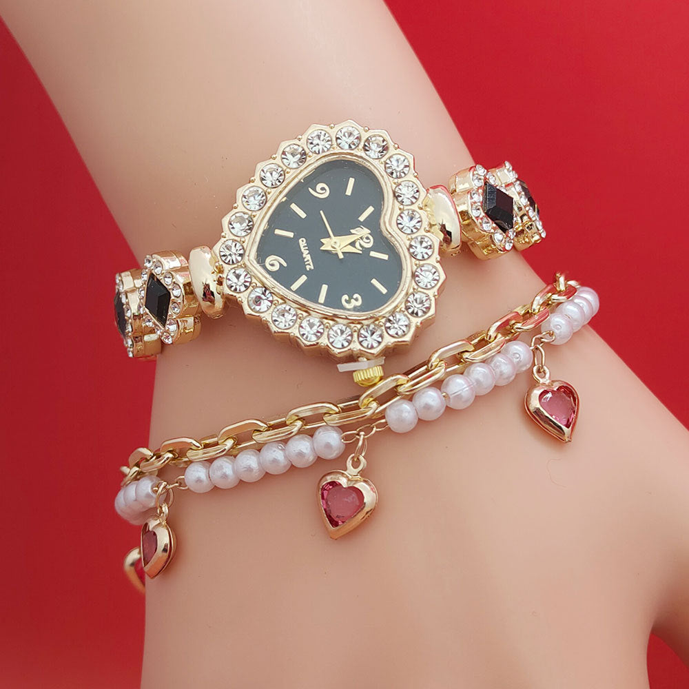 Fashion Love Shape Bracelet Watch Set Diamond Colored Heart Quartz Watch Women's Fashion Jewelry Set Valentine's Day Gift