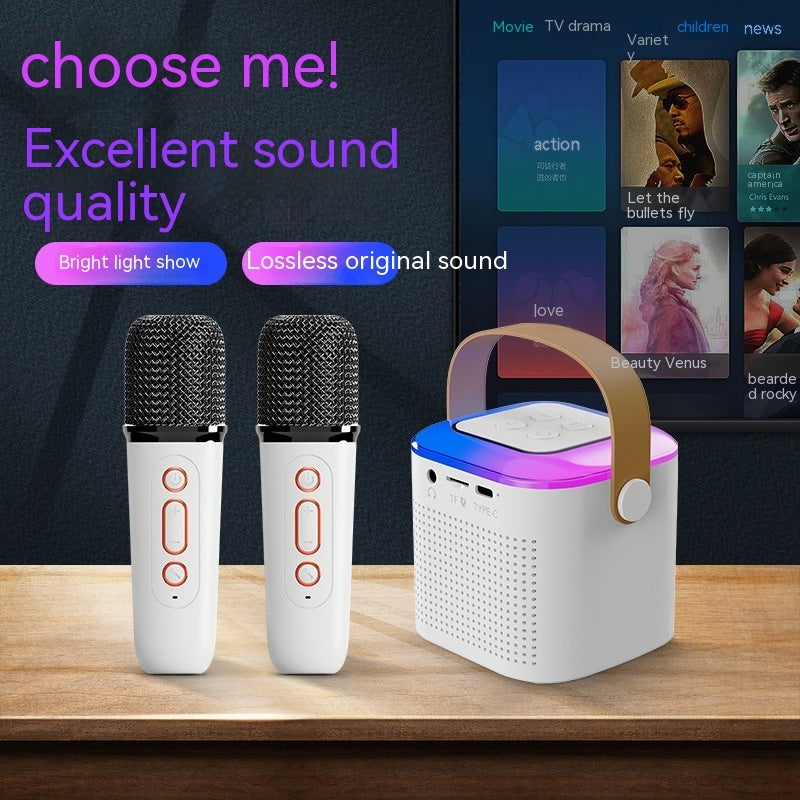 Microphone Karaoke Machine Bluetooth-compatible Speaker With 2 Wireless Mic RGB Light Home Family Singing Speaker