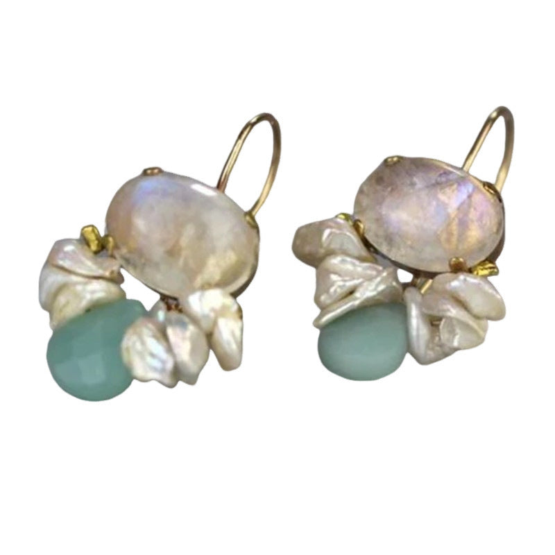 Creative Opal Geometric Inlaid Pearl Two-tone Round Stone Hanging Earrings