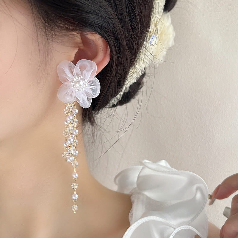 Long Fringed Pearl Flower Stud Earrings