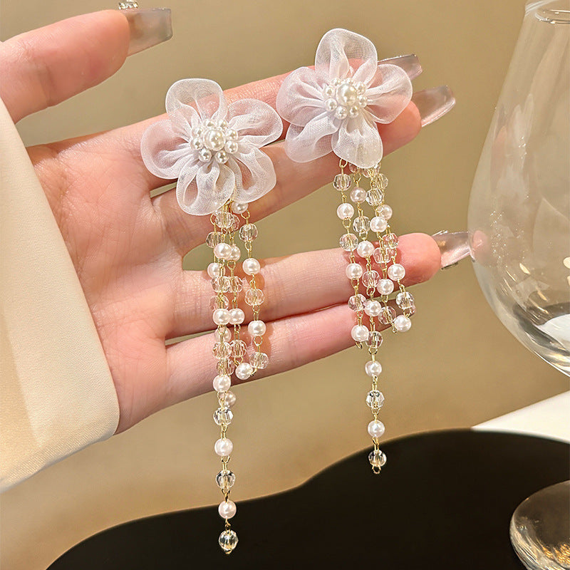 Long Fringed Pearl Flower Stud Earrings