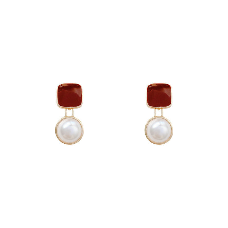 Square Wine Red Drop Oil Pearl Earrings Silver Needle High Sense