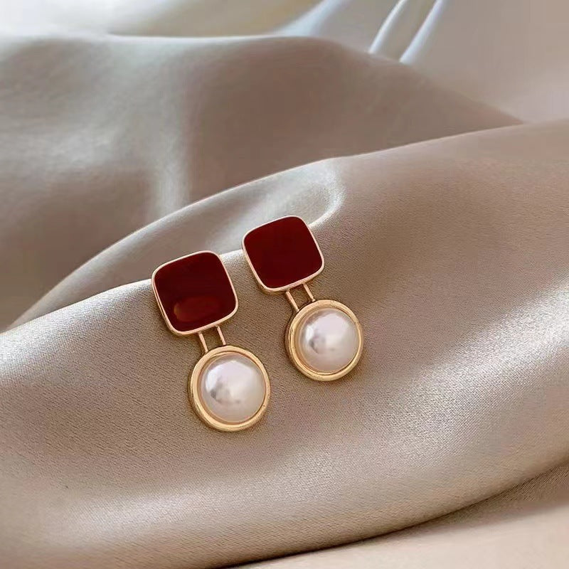 Square Wine Red Drop Oil Pearl Earrings Silver Needle High Sense