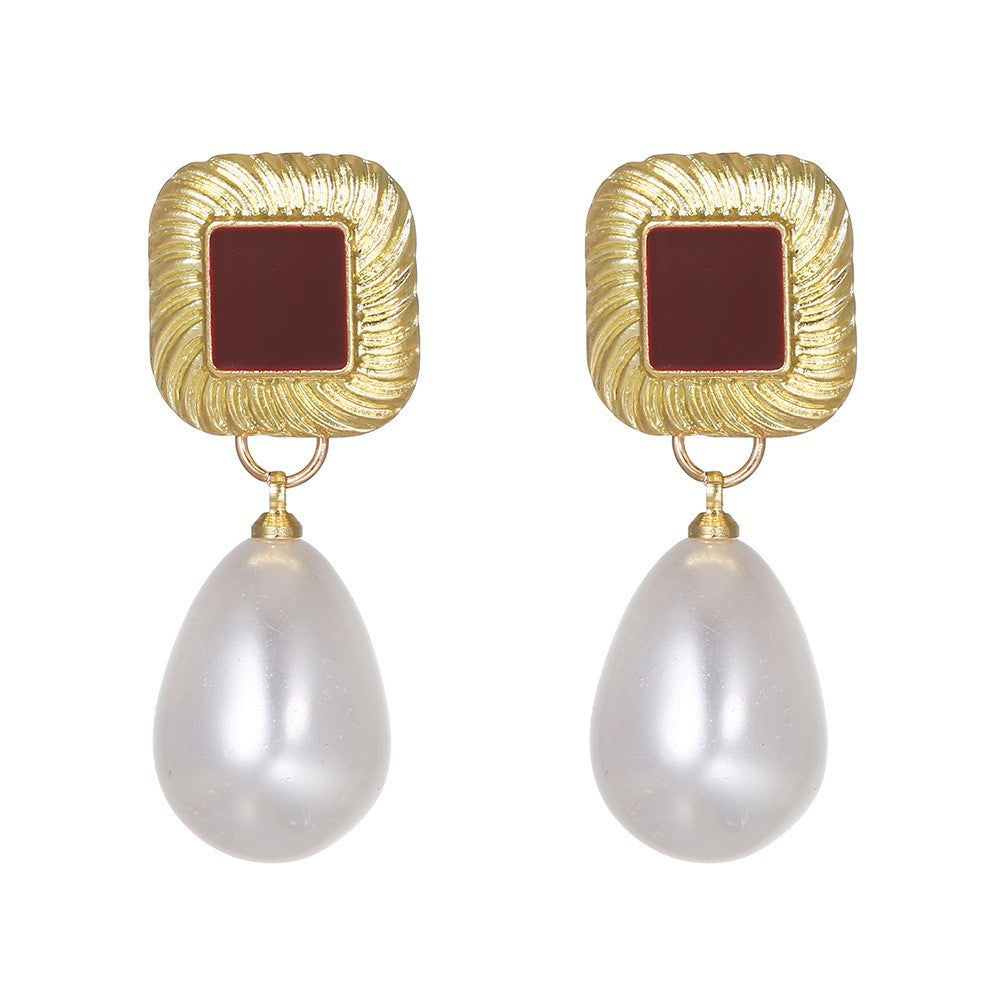 Retro Wine Red Pearl Earrings For Women Hong Kong Style