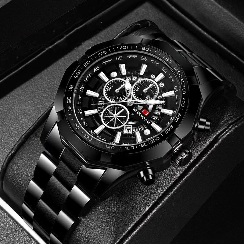 Steel Band Men's Three Eyes And Six Needles Luminous Calendar Waterproof Quartz Watch