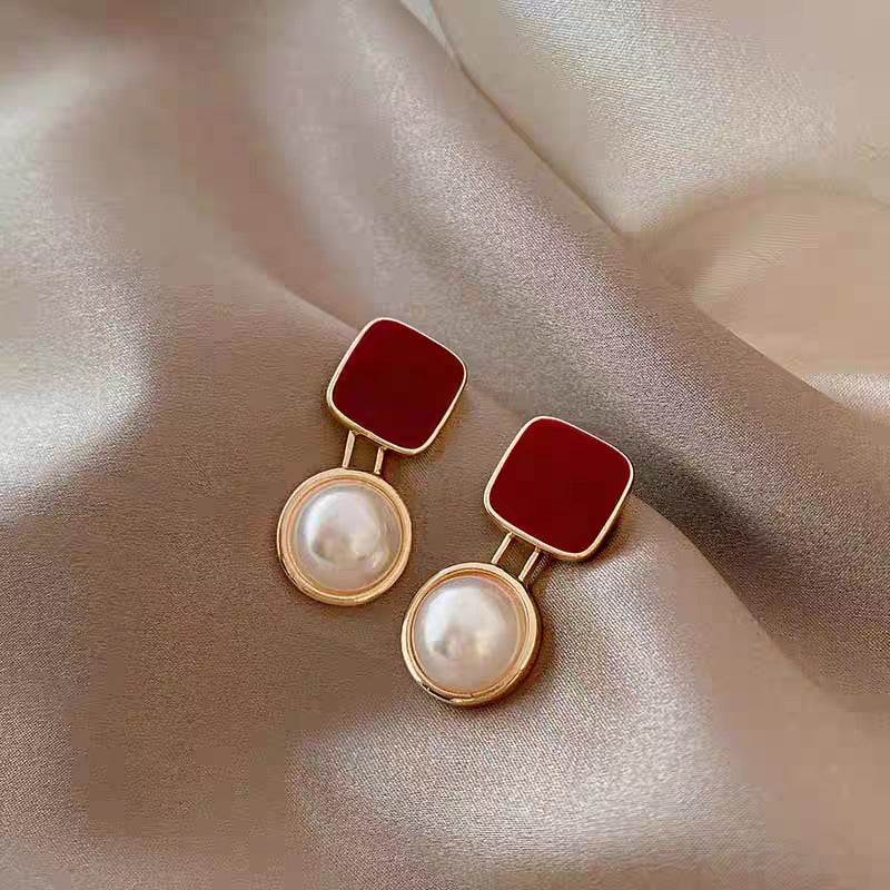 Square Wine Red Drop Oil Pearl Earrings Silver Needle High Sense