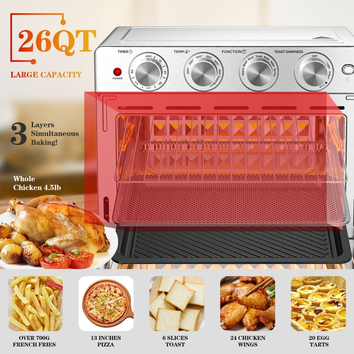 Geek Chef Air Fryer 6 Slice 26QT 26L Air Fryer Fry Oil-Free Extra Large Toaster Oven Combo Air Fryer Oven Roast Bake Broil Reheat Convection Countertop Oven Stainless St