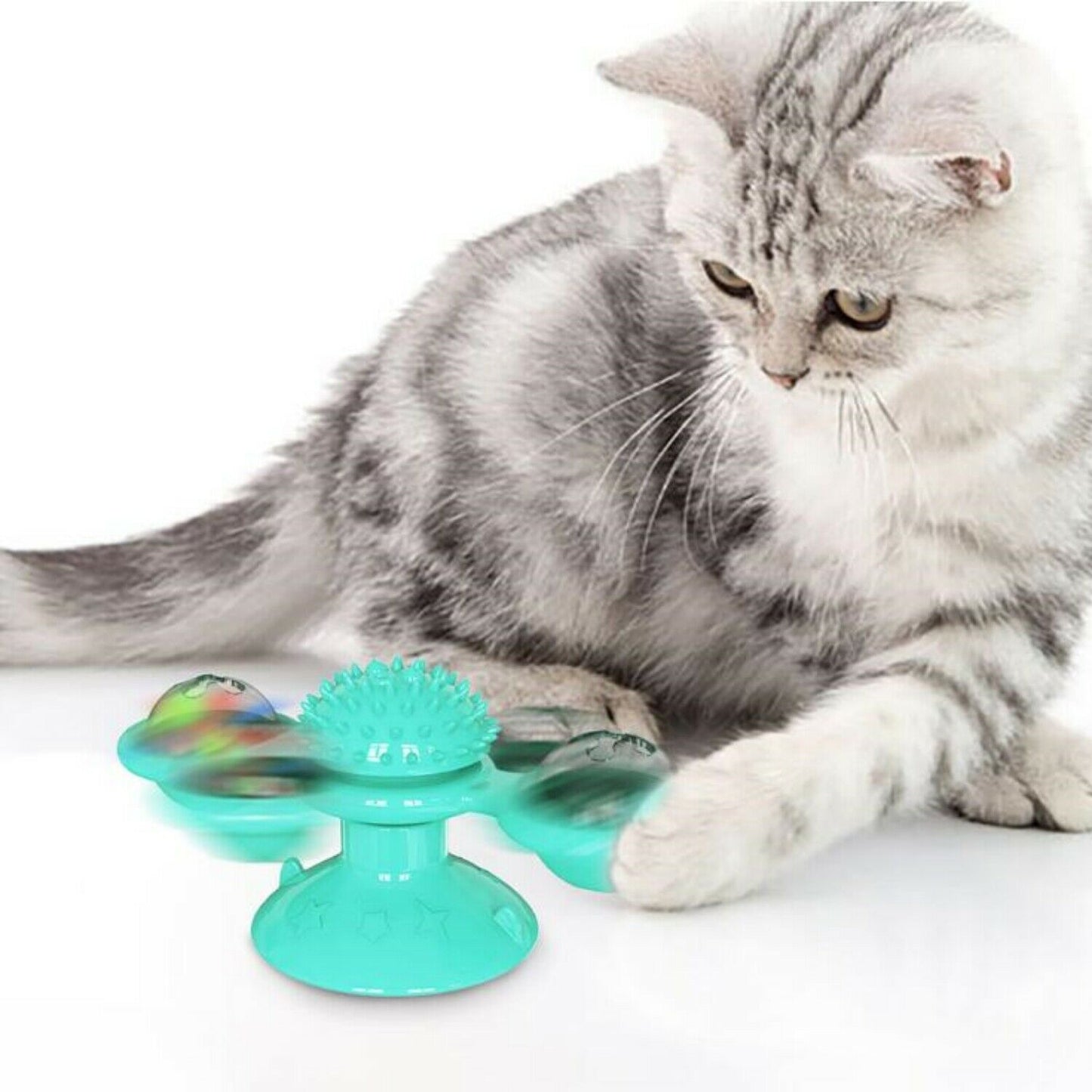 New Windmill Cat Toys Cute Rotating Interactive Cat Toy - Indoor Windmill Cat Toy With Suction Cup Catnip & Jagged Teeth Middle Ball, Smart Kitten Rotating Spinner Exercise Toy, Toothbrush & Massager